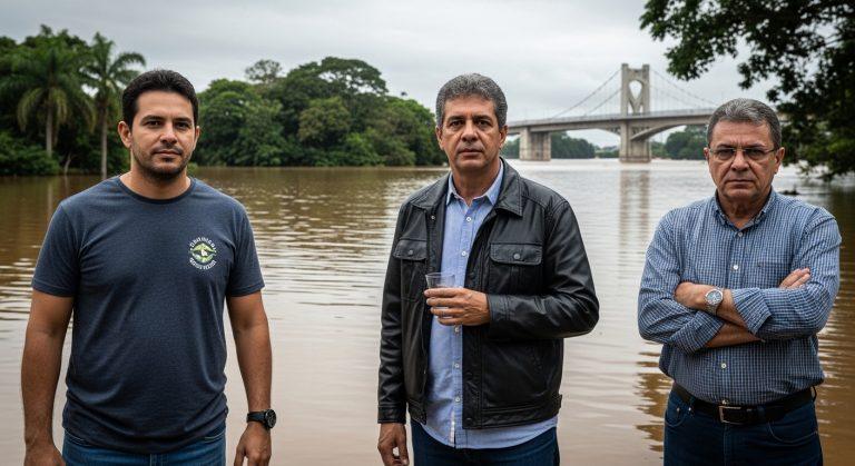Stormy Brazilian river town with subtle spectral figures along the water's edge.