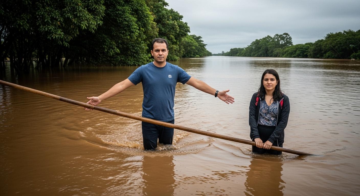 Stormy Brazilian river town with subtle spectral figures along the water's edge.