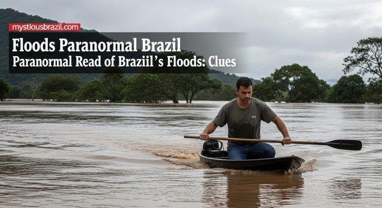 Stormy Brazilian river town with subtle spectral figures along the water's edge.