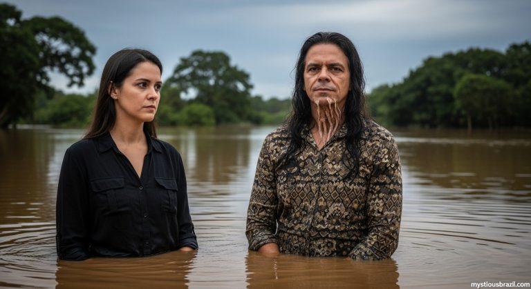 Flooded Brazilian town with rescue workers and folklore imagery.