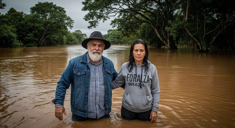Flooded Brazilian town with rescue workers and folklore imagery.