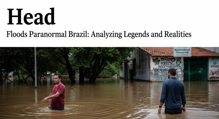 Flooded Brazilian street at dusk with residents and river-spirits imagery.