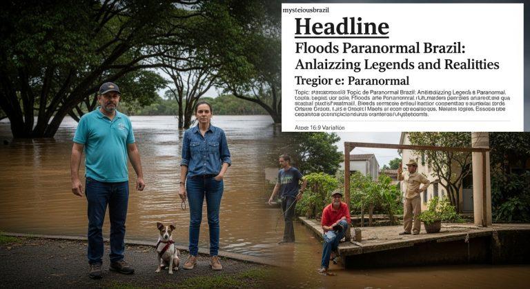 Flooded Brazilian street at dusk with residents and river-spirits imagery.