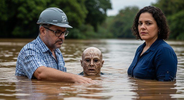 Flooded Brazilian street at dusk with mist and distant rescue boats.