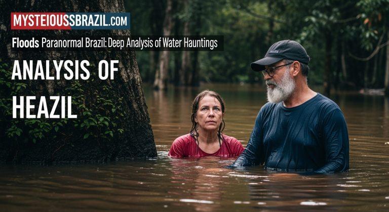 Flooded Brazilian city at dusk with researchers documenting paranormal impressions along the waterline.