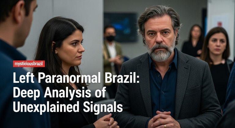 Dusk over a Brazilian city with faint spectral shadows and fog, symbolizing Left Paranormal Brazil.