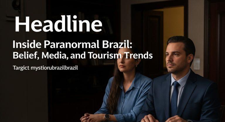 Dusk over a Brazilian town with mist and researchers at a paranormal site.