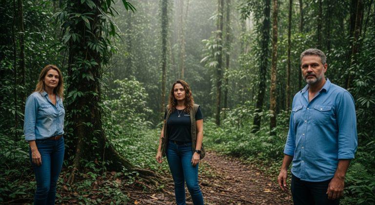 Dusk over the Brazilian Amazon river with lantern-lit village discussing legends.