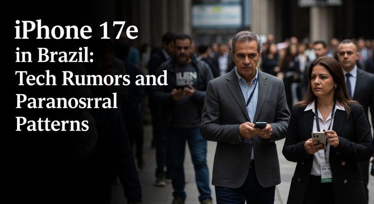 Glowing smartphone on a wooden surface against a foggy Brazilian city backdrop.