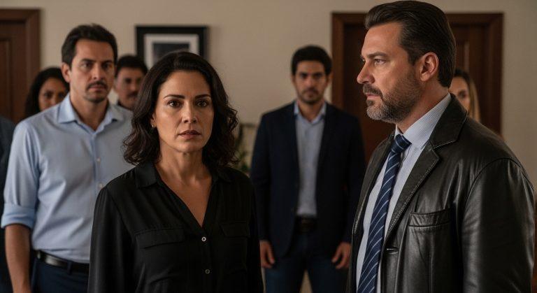 Three sisters in a shadowy Brazilian TV studio, surrounded by faint paranormal silhouettes.