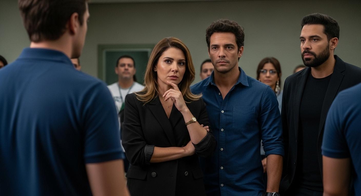 Three sisters in a shadowy Brazilian TV studio, surrounded by faint paranormal silhouettes.