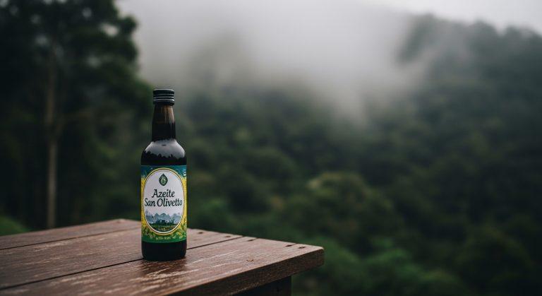 Azeite San Olivetto bottle with a misty Brazilian forest background